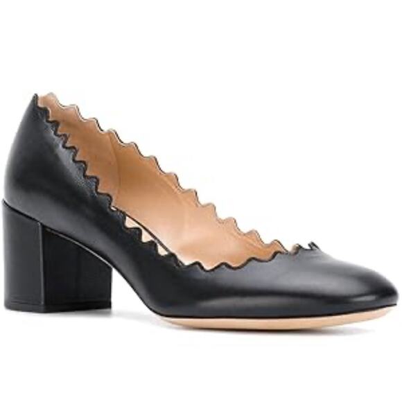 CHLOE 'Lauren' Women's 40 / US 10 Scalloped Heel Pump Black Leather Designer - Picture 2 of 10